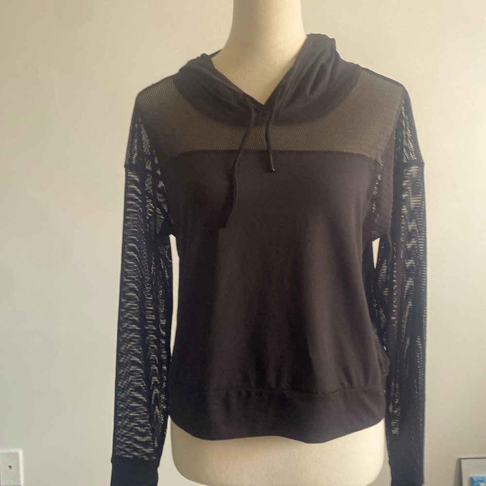 Mixed media hoodie with mesh sleeves